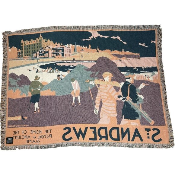 St Andrews Golf Afghan Throw Blanket Tapestry GOODWIN WEAVERS 29.5x67" - Picture 8 of 11